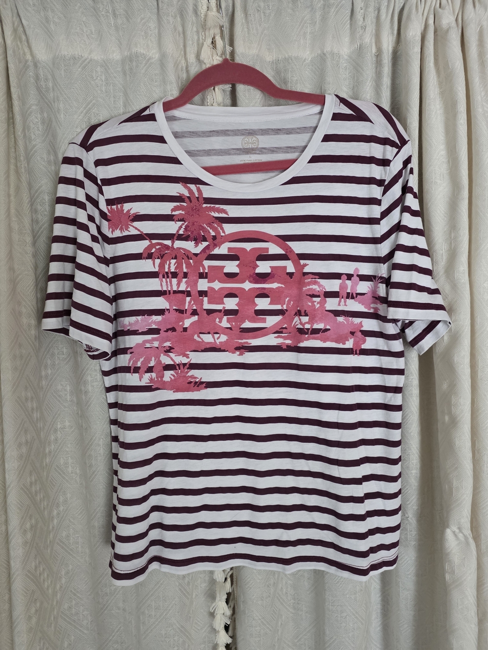 Tory Burch White and Burgundy Striped Tee with Pink Palm Graphic